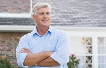 confident old man in blue shirt, 