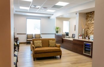 Wide view of reception desk and patient waiting lounge