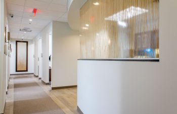 Hallway with decorative glass partition near the treatment area counter
