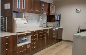 Dental lab and sterilization area with overhead storage cabinets