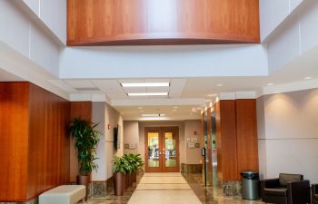 Interior hallway entrance with wood ceiling accent and potted plants